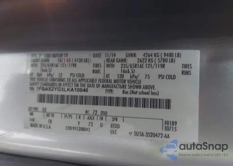 2020 Ford Transit-350 Passenger Van Xlt z USA, uszkodzony, nr VIN 1FBAX2YG3LKA10046